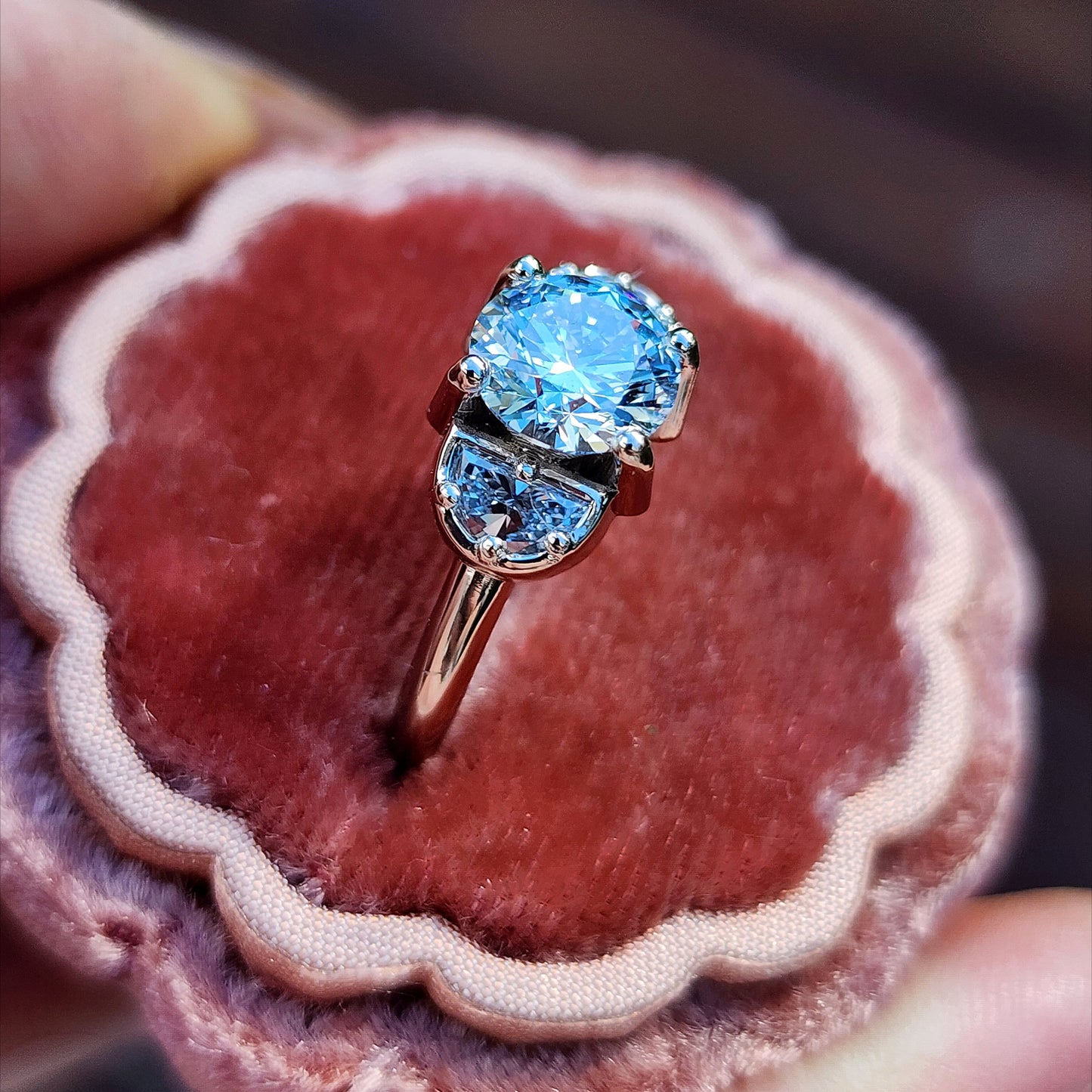 Diana 1.51ct Faint Blue Round Brilliant Diamond 3 Stone Half Moon Engagement Ring - 14k Palladium White Gold image 8