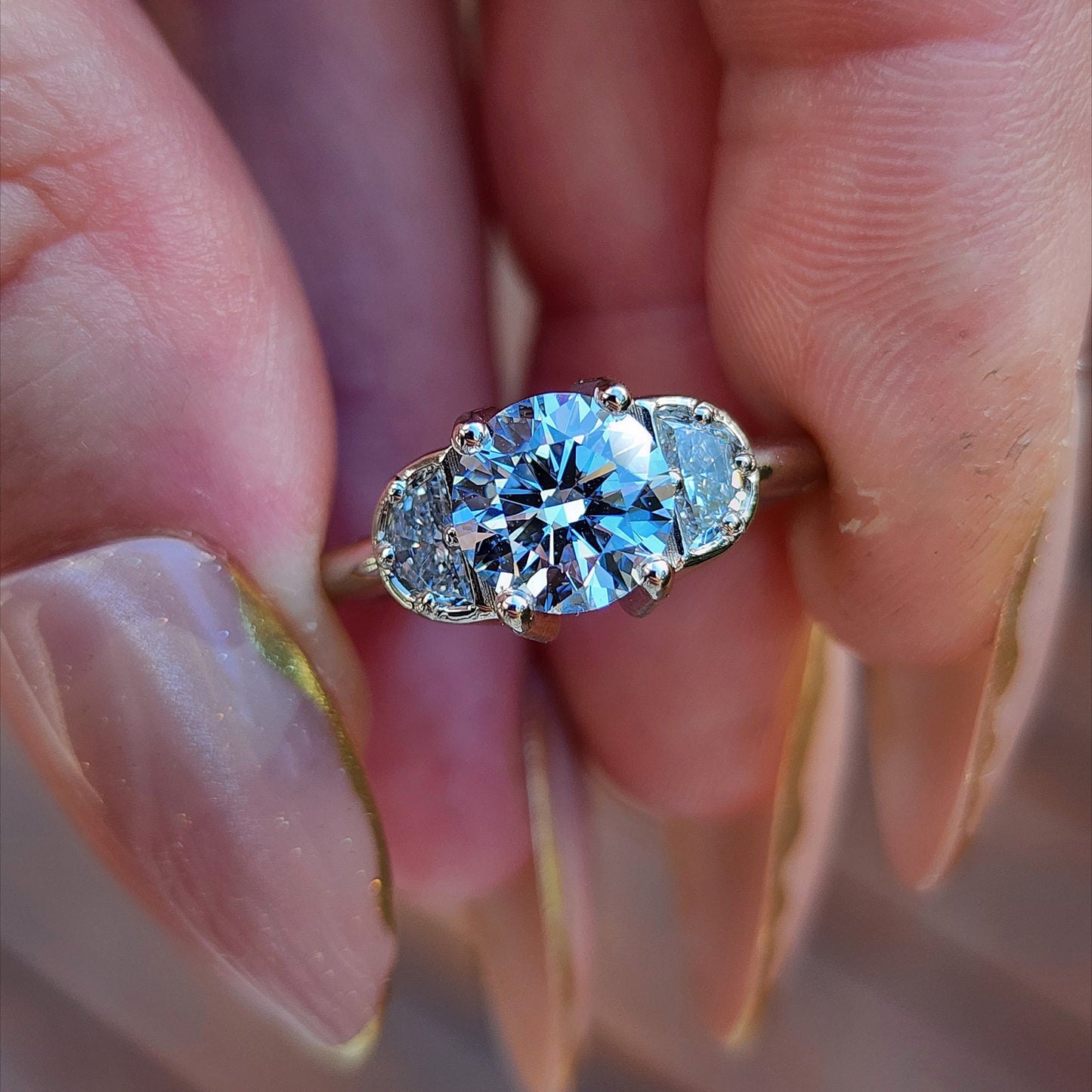 Diana 1.51ct Faint Blue Round Brilliant Diamond 3 Stone Half Moon Engagement Ring - 14k Palladium White Gold image 1