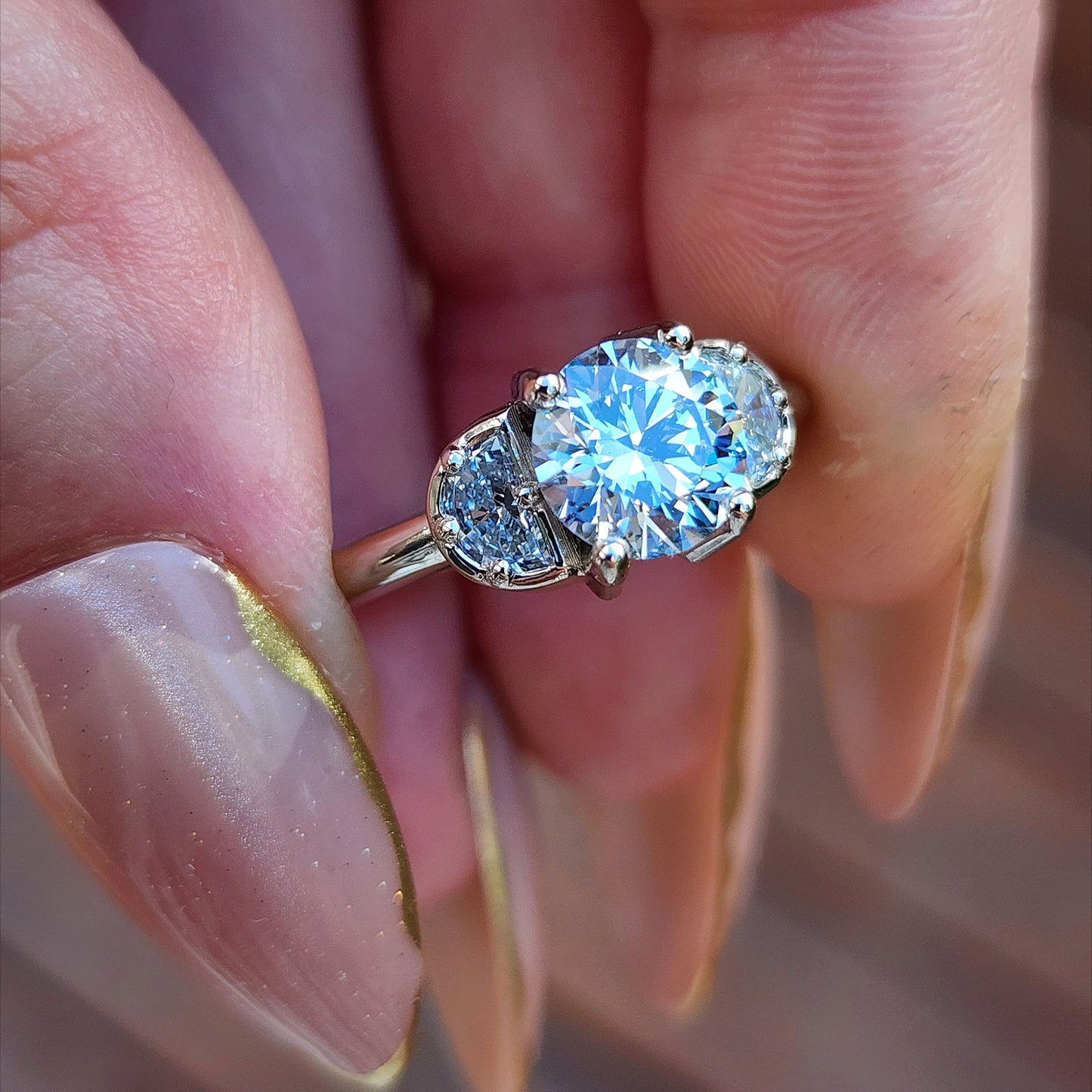 Diana 1.51ct Faint Blue Round Brilliant Diamond 3 Stone Half Moon Engagement Ring - 14k Palladium White Gold image 9