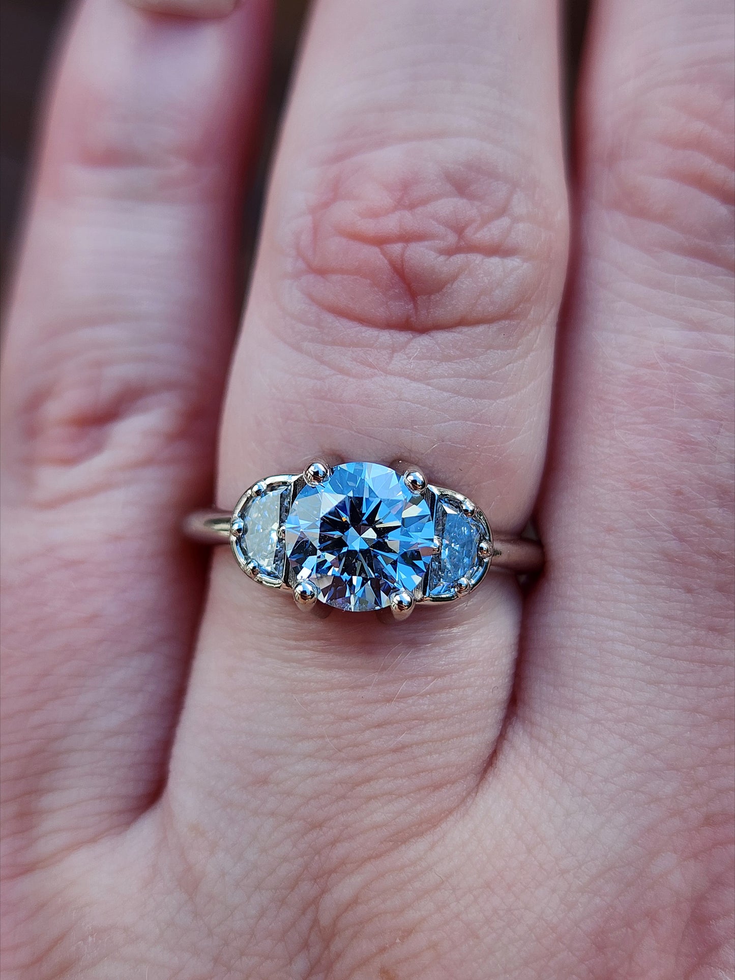 Diana 1.51ct Faint Blue Round Brilliant Diamond 3 Stone Half Moon Engagement Ring - 14k Palladium White Gold image 10