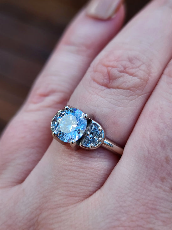 Diana 1.51ct Faint Blue Round Brilliant Diamond 3 Stone Half Moon Engagement Ring - 14k Palladium White Gold image 11