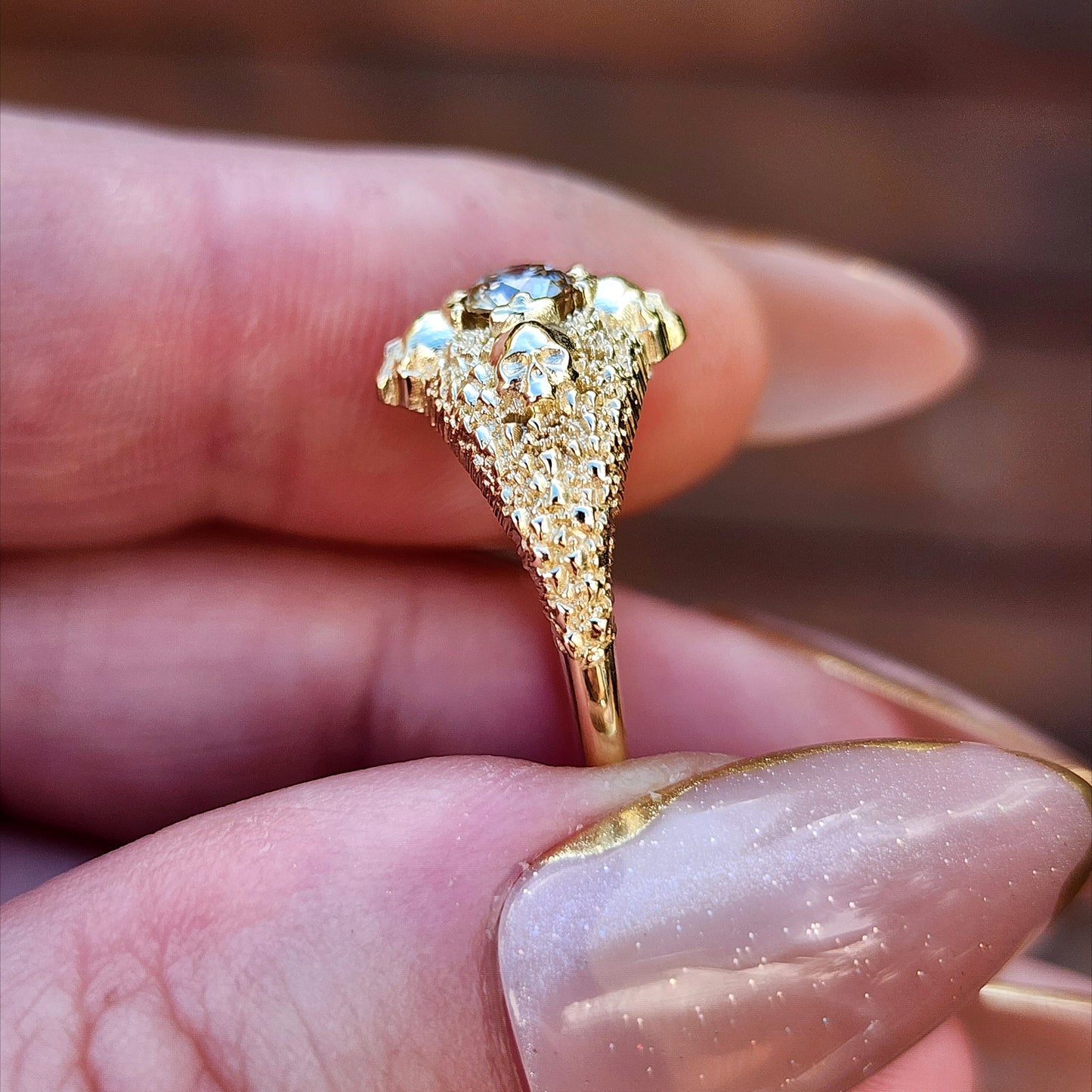 Catacomb 4 Skull Champagne Diamond Solitaire Gothic Engagement Ring 14k Yellow Gold image 2