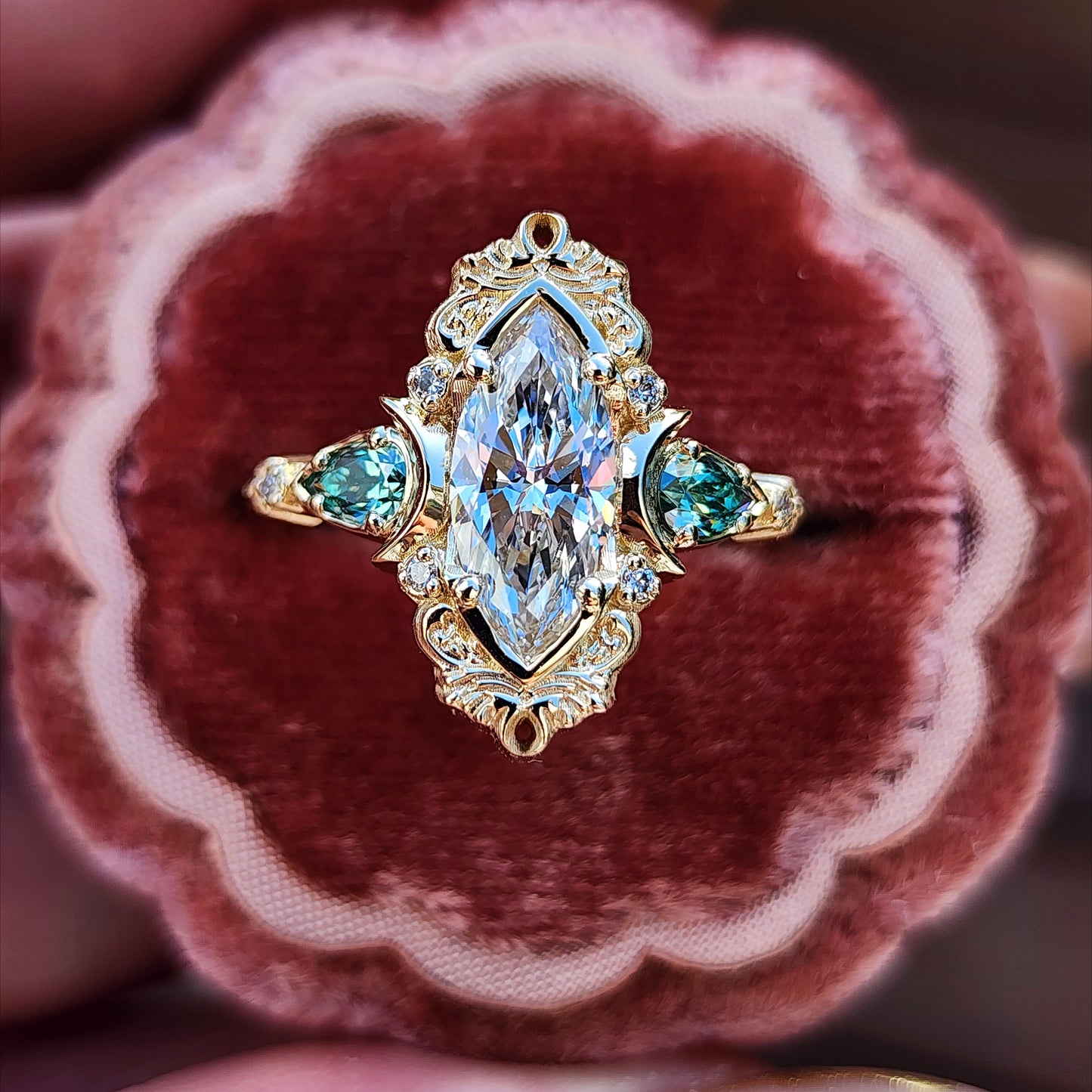 Moonlight Odette marquise engagement ring celestial filigree green moissanite pears delicate custom wedding ring anniversary image 1