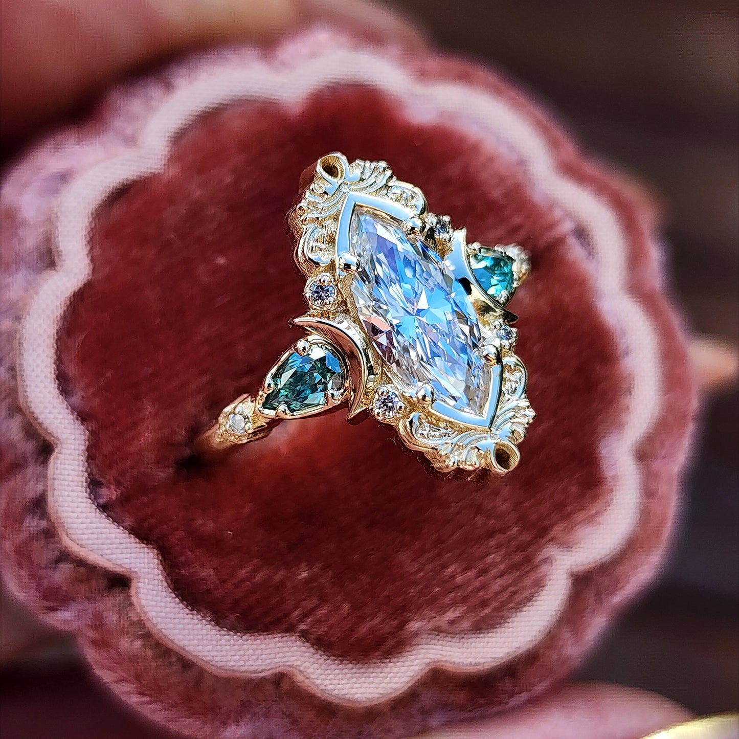 Moonlight Odette marquise engagement ring celestial filigree green moissanite pears delicate custom wedding ring anniversary image 5