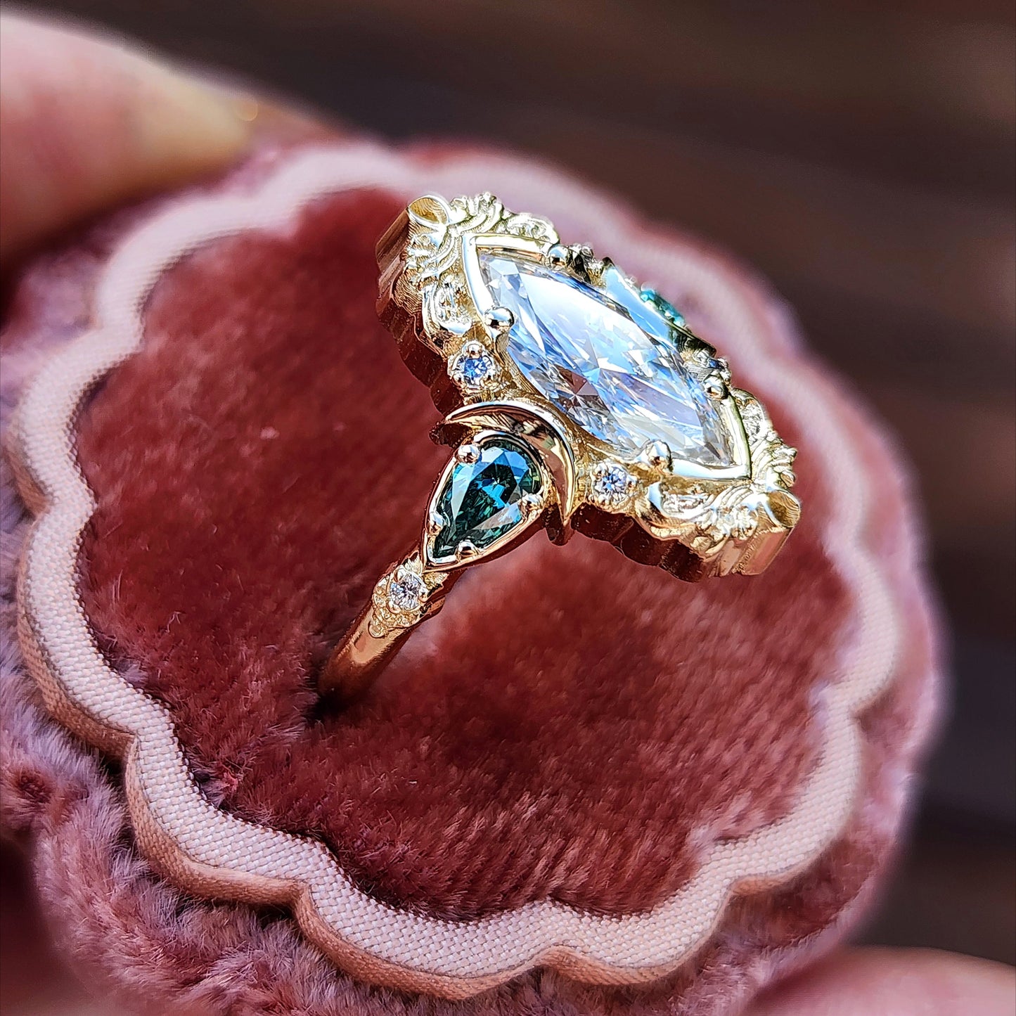 Moonlight Odette marquise engagement ring celestial filigree green moissanite pears delicate custom wedding ring anniversary image 6