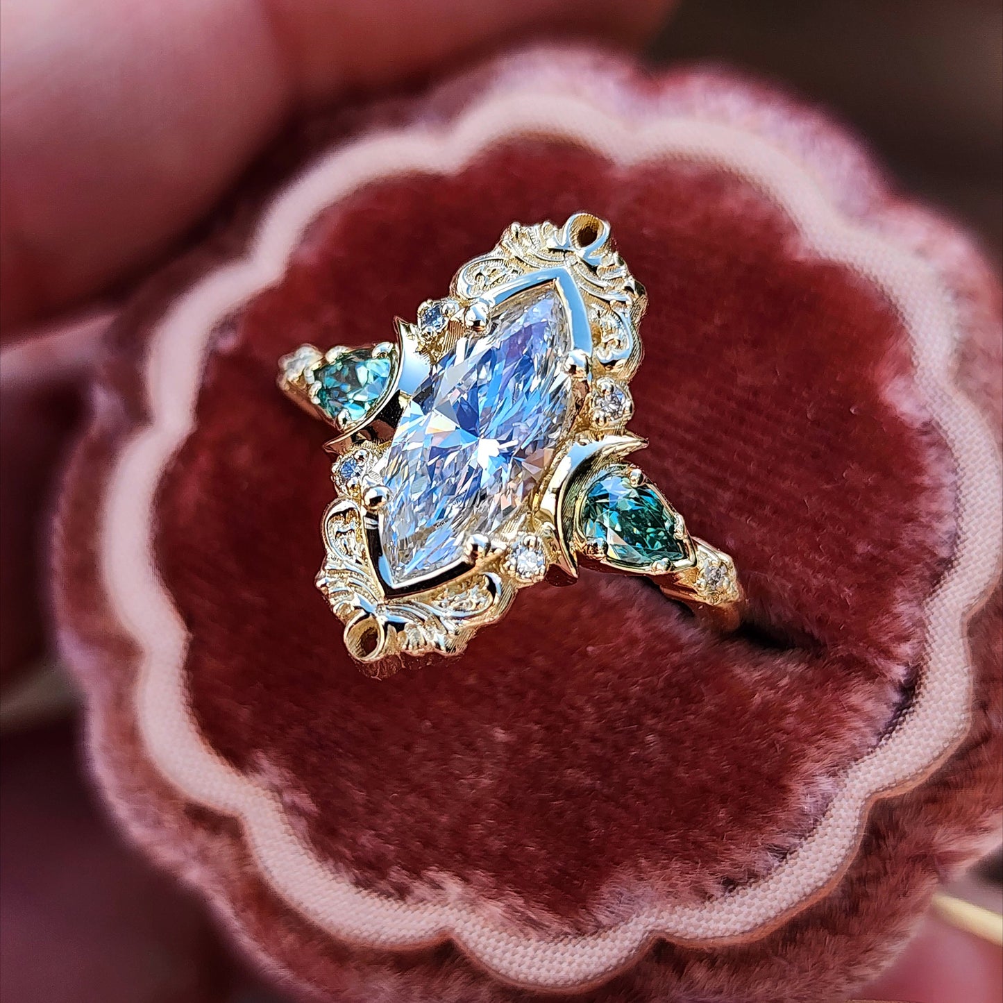 Moonlight Odette marquise engagement ring celestial filigree green moissanite pears delicate custom wedding ring anniversary image 8