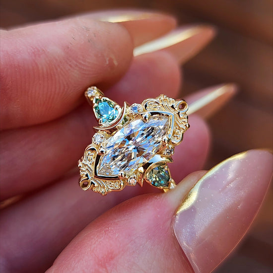 Moonlight Odette marquise engagement ring celestial filigree green moissanite pears delicate custom wedding ring anniversary image 2