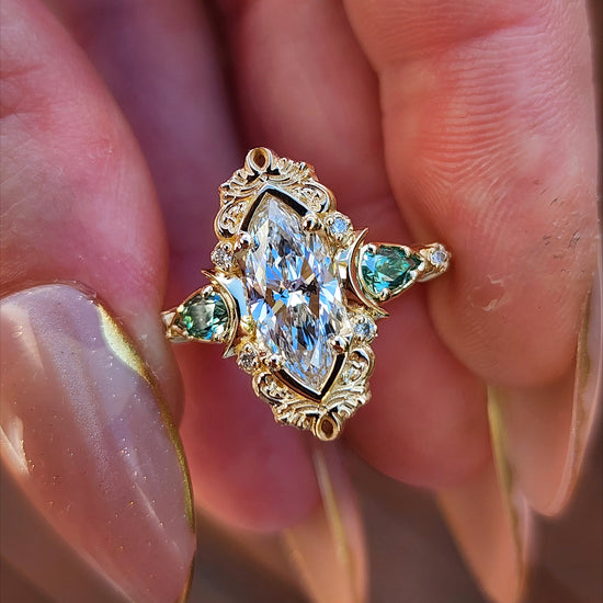Moonlight Odette marquise engagement ring celestial filigree green moissanite pears delicate custom wedding ring anniversary image 9