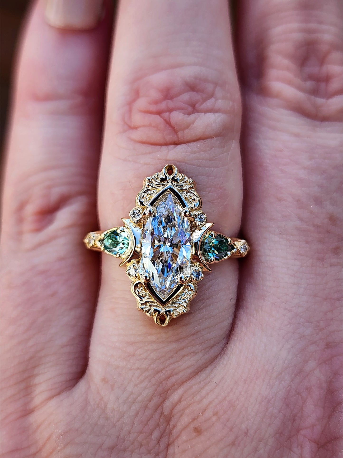 Moonlight Odette marquise engagement ring celestial filigree green moissanite pears delicate custom wedding ring anniversary image 11