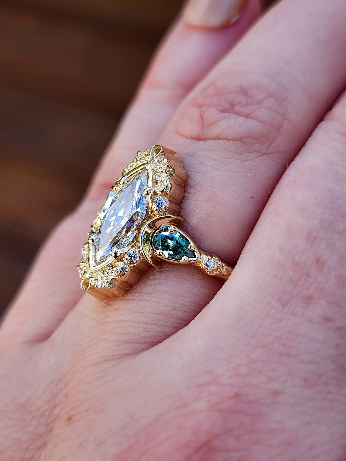 Moonlight Odette marquise engagement ring celestial filigree green moissanite pears delicate custom wedding ring anniversary image 12