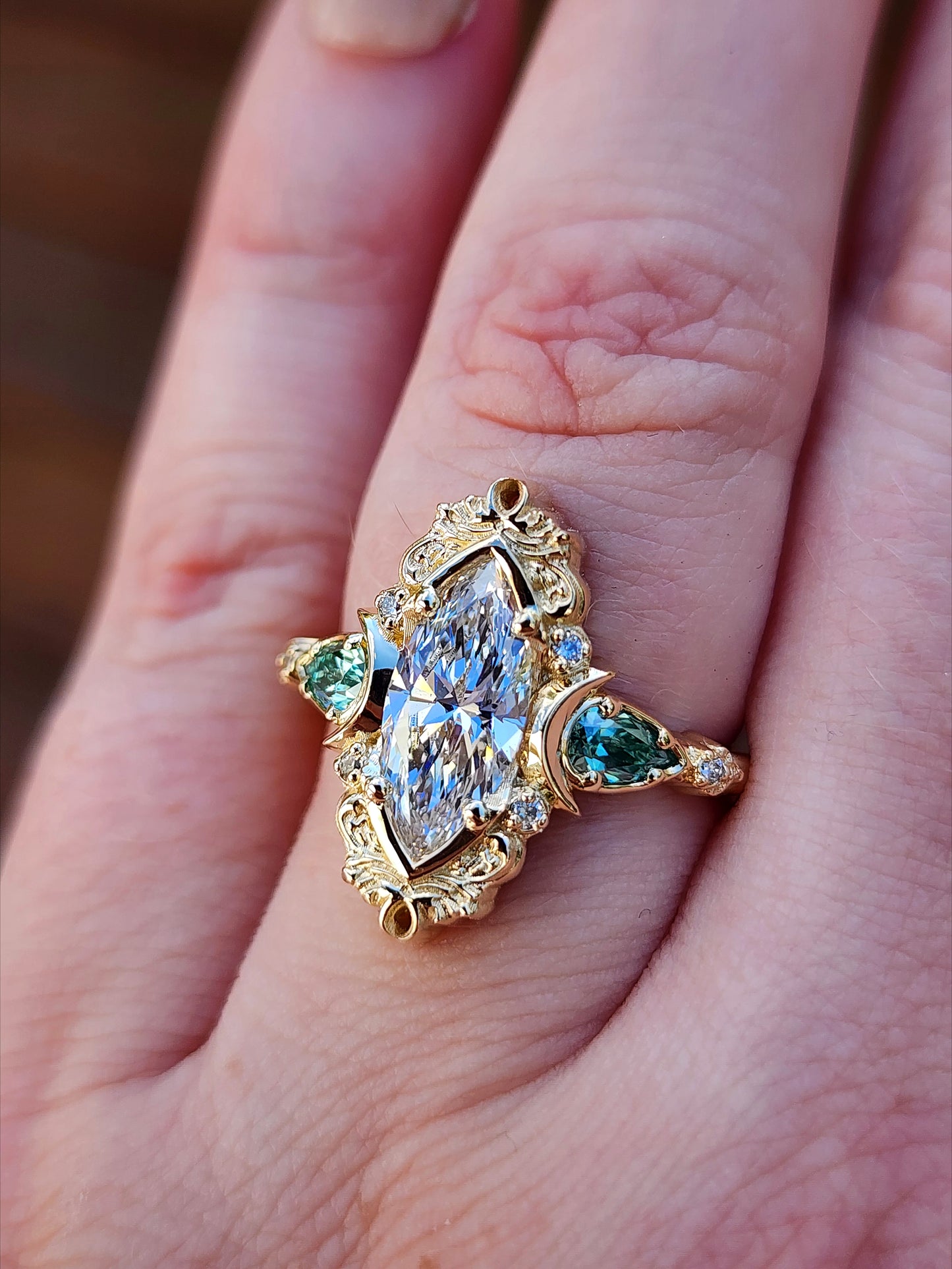 Moonlight Odette marquise engagement ring celestial filigree green moissanite pears delicate custom wedding ring anniversary image 13