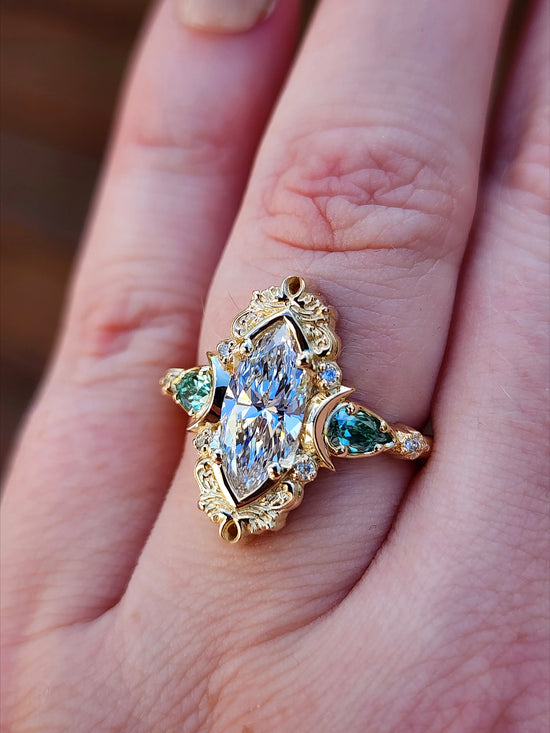 Moonlight Odette marquise engagement ring celestial filigree green moissanite pears delicate custom wedding ring anniversary image 13