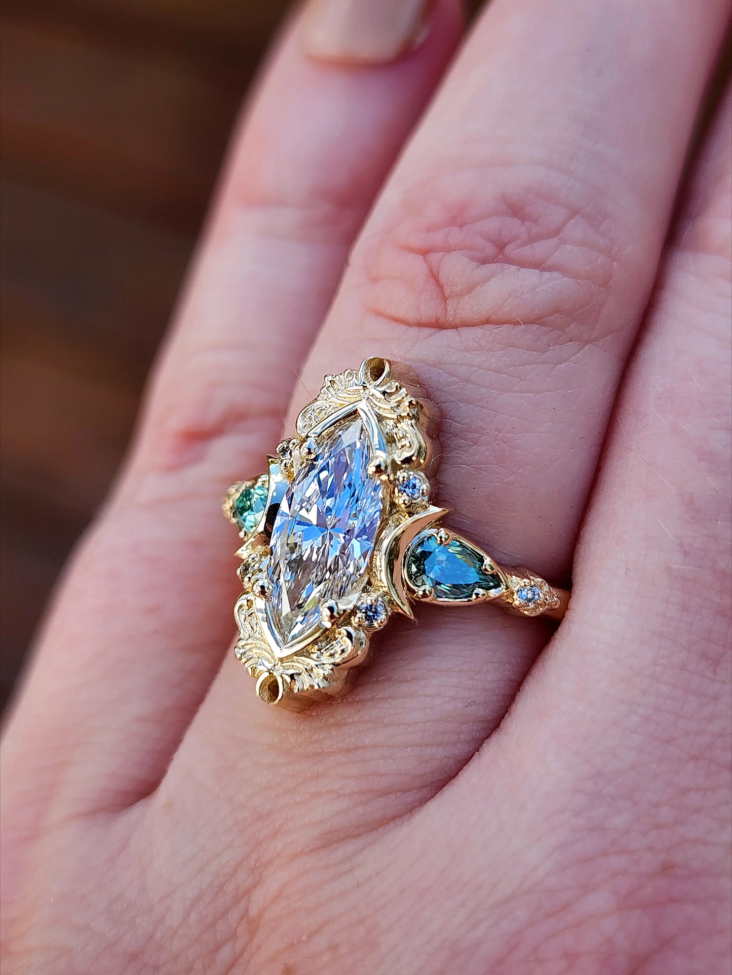 Moonlight Odette marquise engagement ring celestial filigree green moissanite pears delicate custom wedding ring anniversary image 14