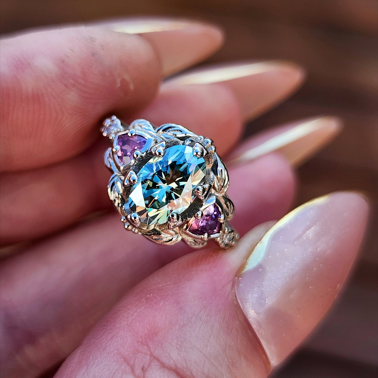 Dream Garden leaf trillion nature engagement ring prong set fantasy fairytale engagement right hand ring image 2