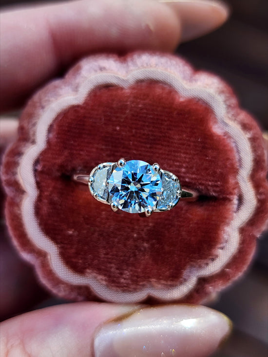 Ready to Ship Size 6-8 - Diana 1.51ct Faint Blue Round Brilliant Diamond 3 Stone Half Moon Engagement Ring - 14k Palladium White Gold