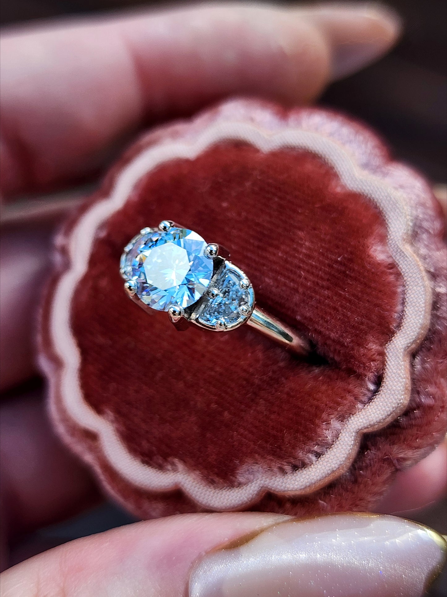 Ready to Ship Size 6-8 - Diana 1.51ct Faint Blue Round Brilliant Diamond 3 Stone Half Moon Engagement Ring - 14k Palladium White Gold