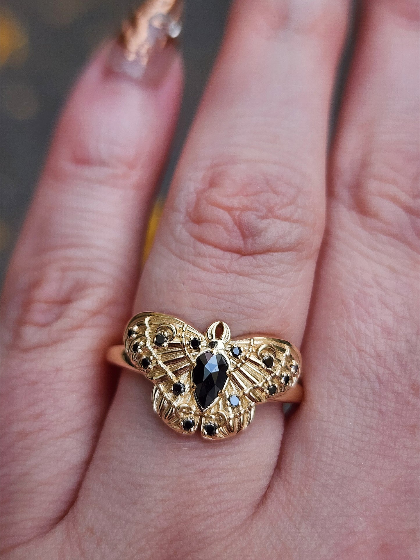 Cecropia Moth Ring with Black Diamonds - Goth Moth Drawlloween 14k Gold Bug Jewelry