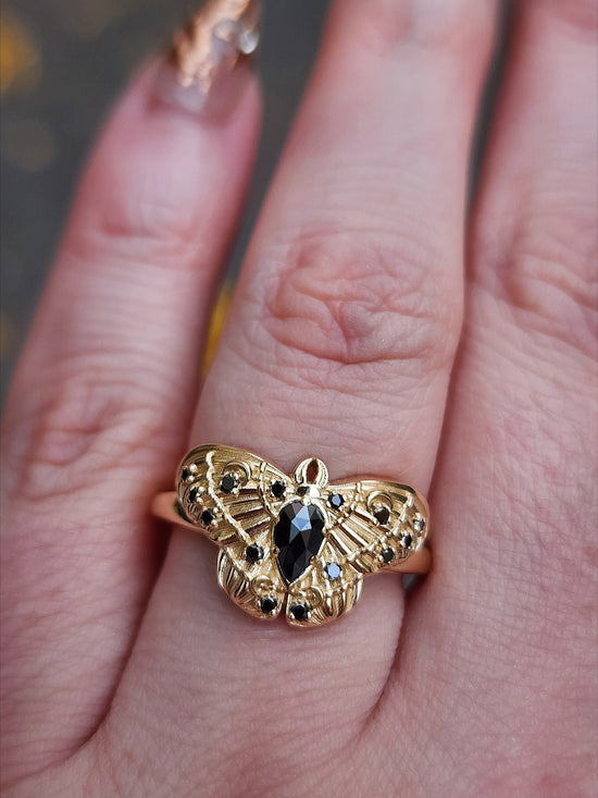 Cecropia Moth Ring with Black Diamonds - Goth Moth Drawlloween 14k Gold Bug Jewelry