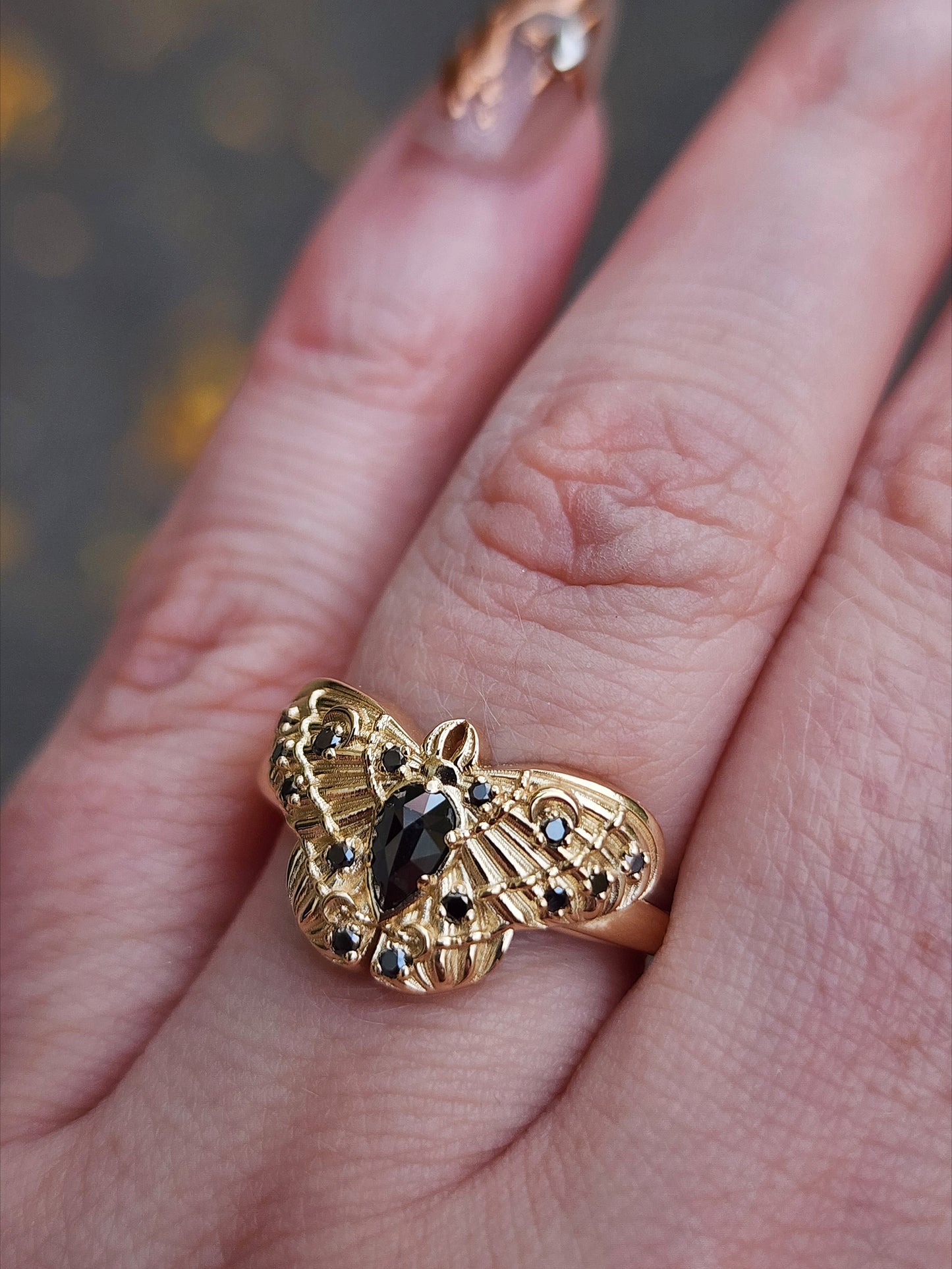 Cecropia Moth Ring with Black Diamonds - Goth Moth Drawlloween 14k Gold Bug Jewelry