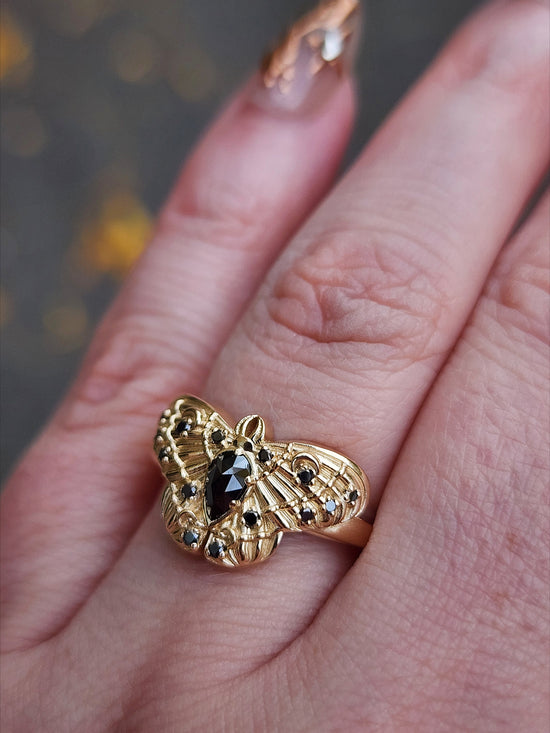 Cecropia Moth Ring with Black Diamonds - Goth Moth Drawlloween 14k Gold Bug Jewelry