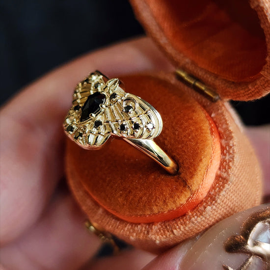 Cecropia Moth Ring with Black Diamonds - Goth Moth Drawlloween 14k Gold Bug Jewelry
