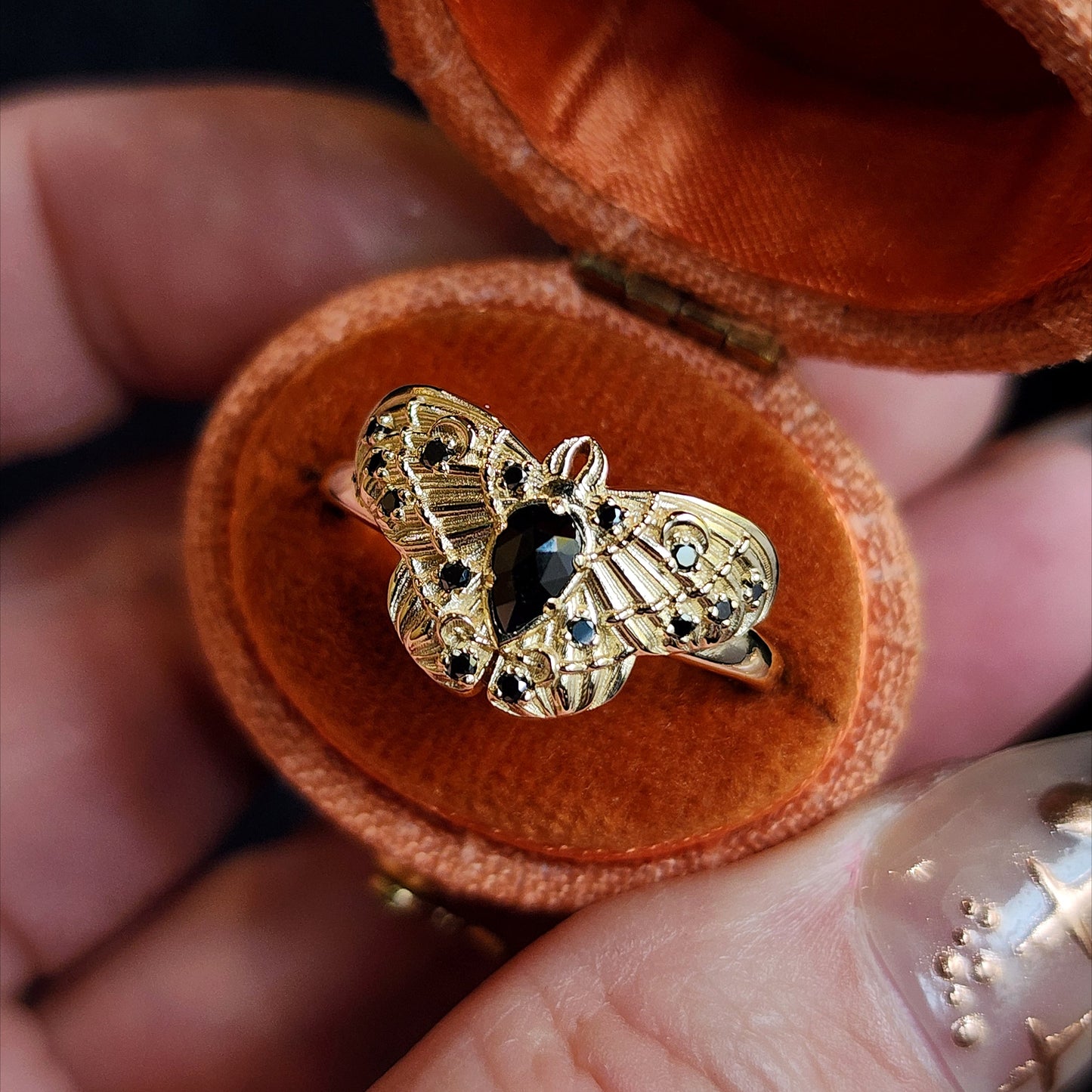 Cecropia Moth Ring with Black Diamonds - Goth Moth Drawlloween 14k Gold Bug Jewelry