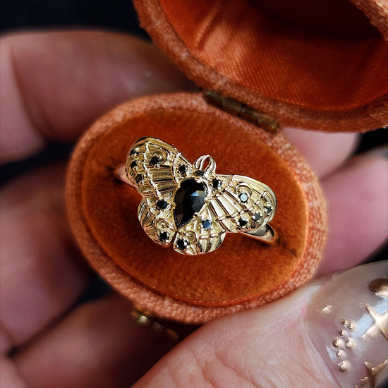 Cecropia Moth Ring with Black Diamonds - Goth Moth Drawlloween 14k Gold Bug Jewelry