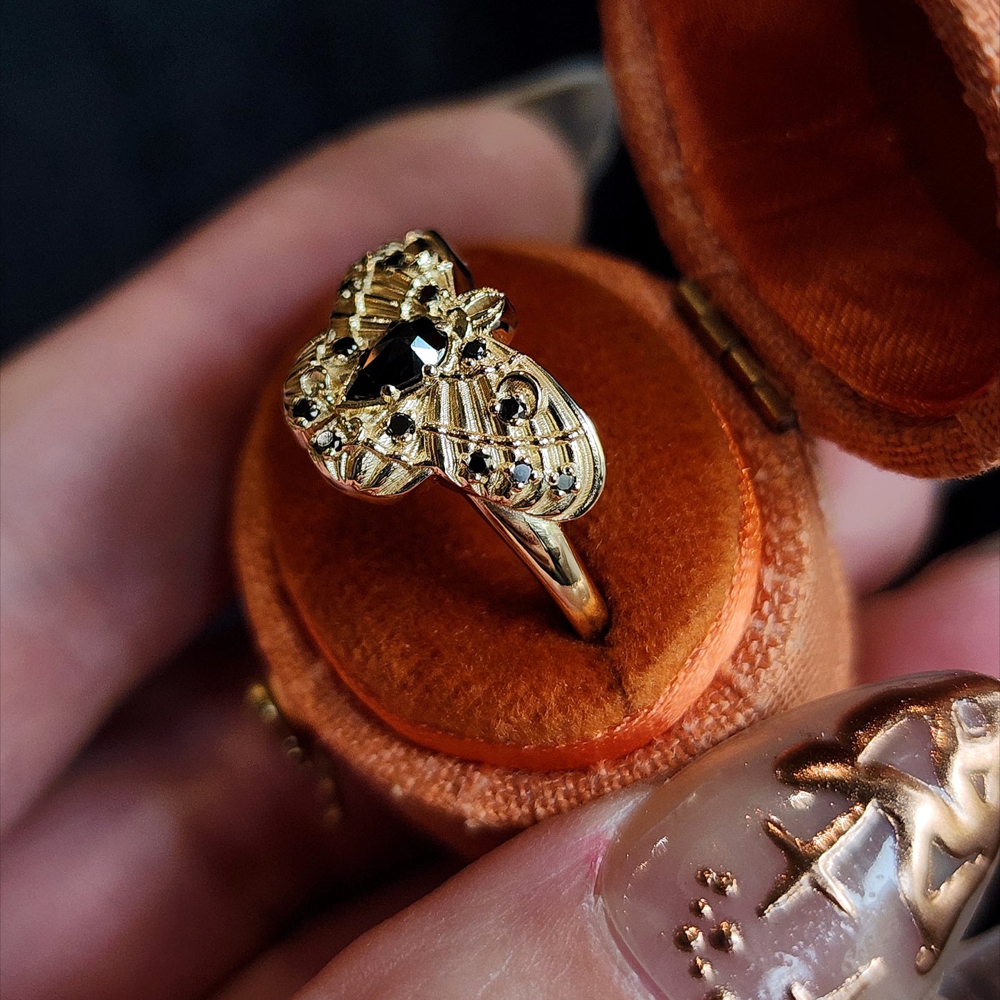 Cecropia Moth Ring with Black Diamonds - Goth Moth Drawlloween 14k Gold Bug Jewelry