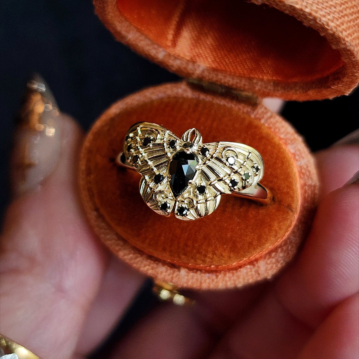 Cecropia Moth Ring with Black Diamonds - Goth Moth Drawlloween 14k Gold Bug Jewelry