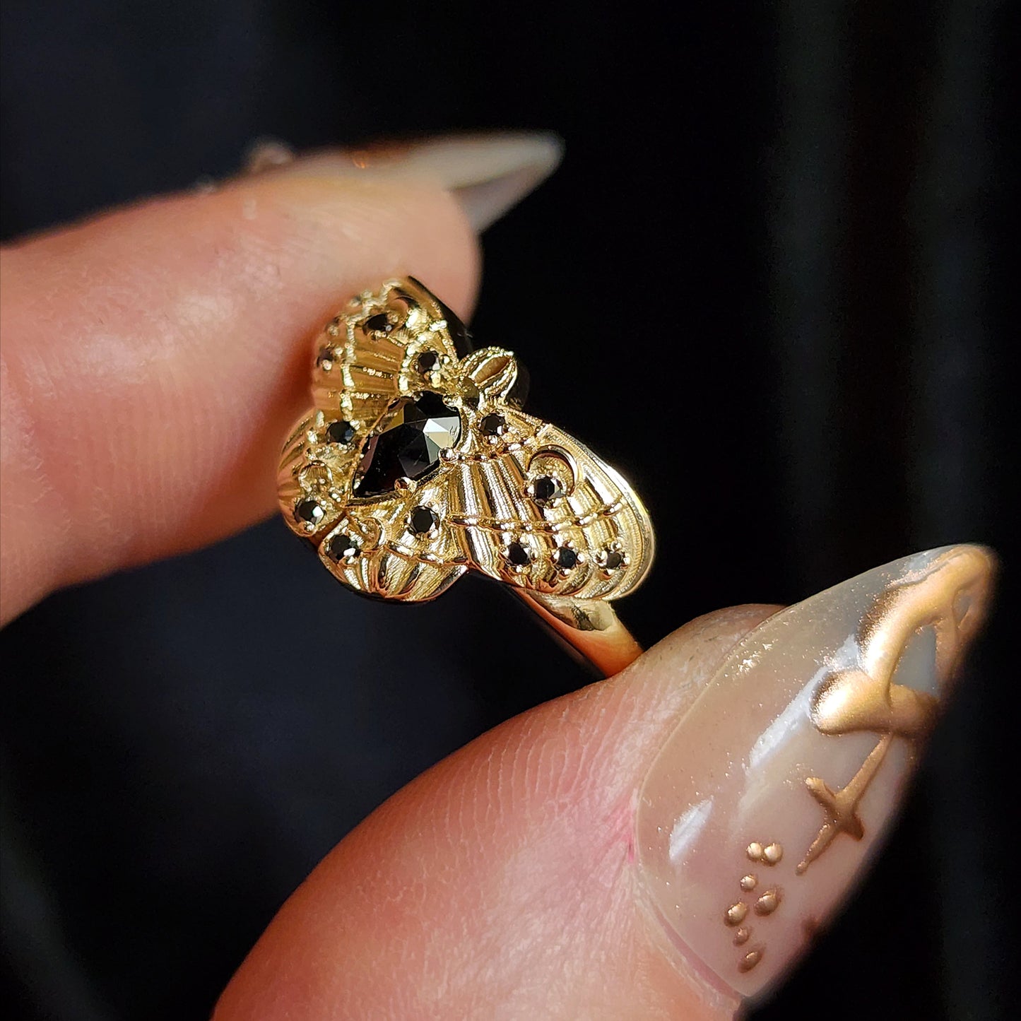 Cecropia Moth Ring with Black Diamonds - Goth Moth Drawlloween 14k Gold Bug Jewelry