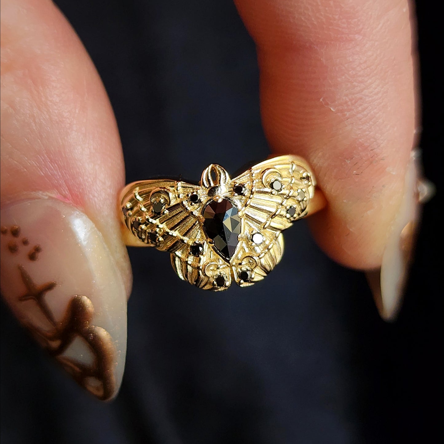 Cecropia Moth Ring with Black Diamonds - Goth Moth Drawlloween 14k Gold Bug Jewelry