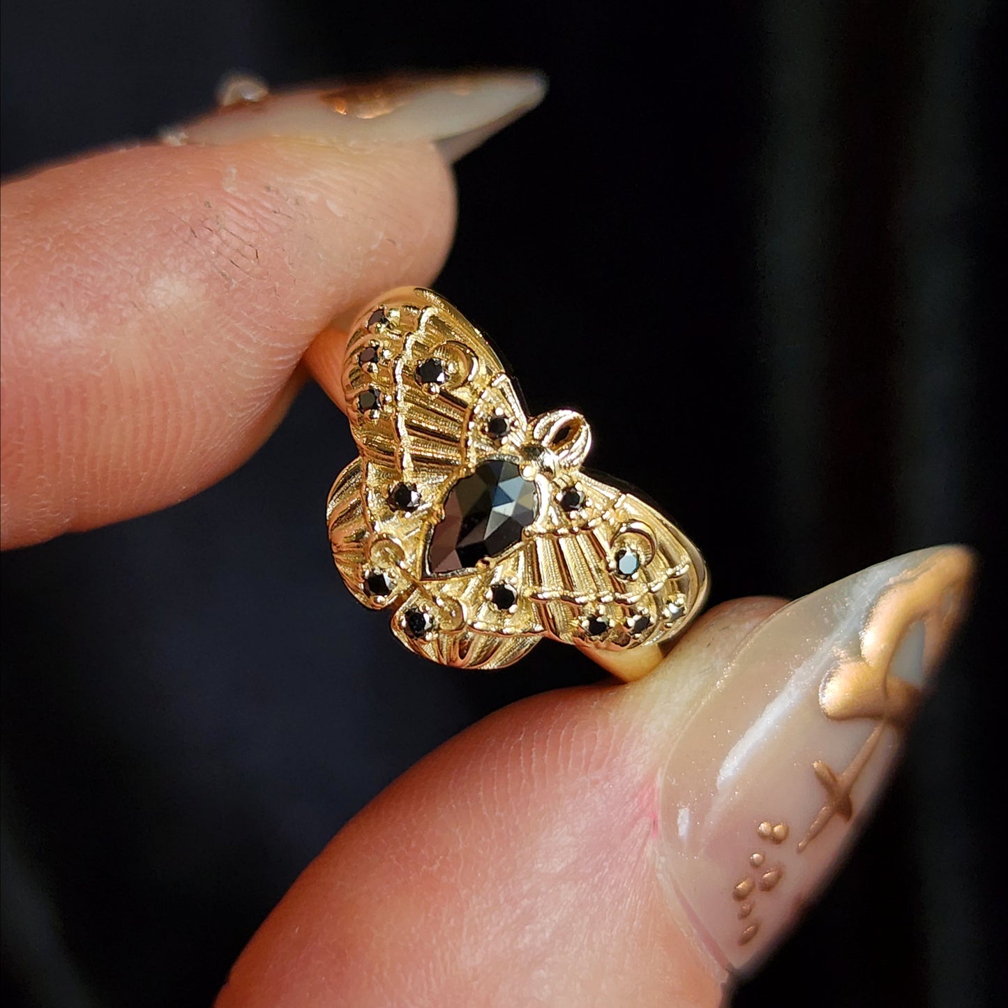 Cecropia Moth Ring with Black Diamonds - Goth Moth Drawlloween 14k Gold Bug Jewelry
