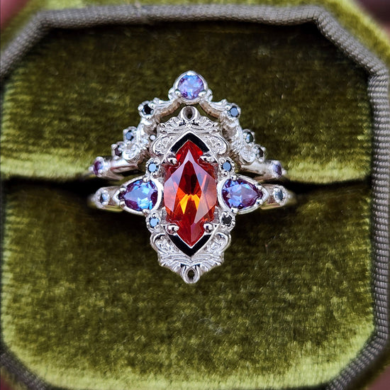 Pumpkin Queen Odile Padparadscha Sapphire Marquise Engagement Ring Set with Antique Details by SwankMetalsmithing image 1