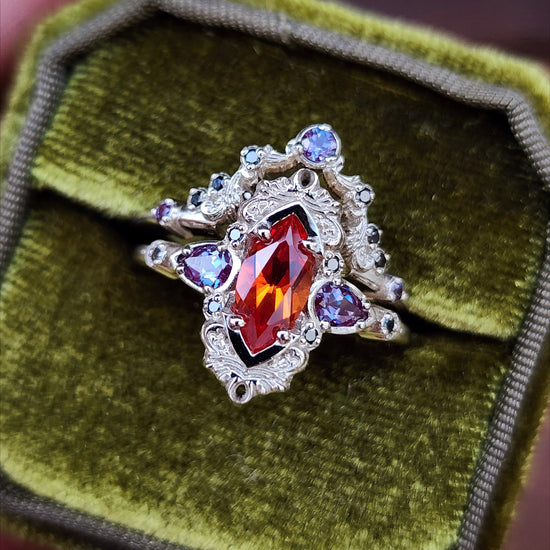 Pumpkin Queen Odile Padparadscha Sapphire Marquise Engagement Ring Set with Antique Details by SwankMetalsmithing image 3