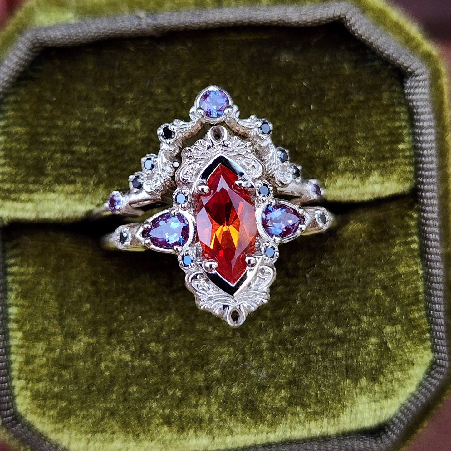 Pumpkin Queen Odile Padparadscha Sapphire Marquise Engagement Ring Set with Antique Details by SwankMetalsmithing image 4