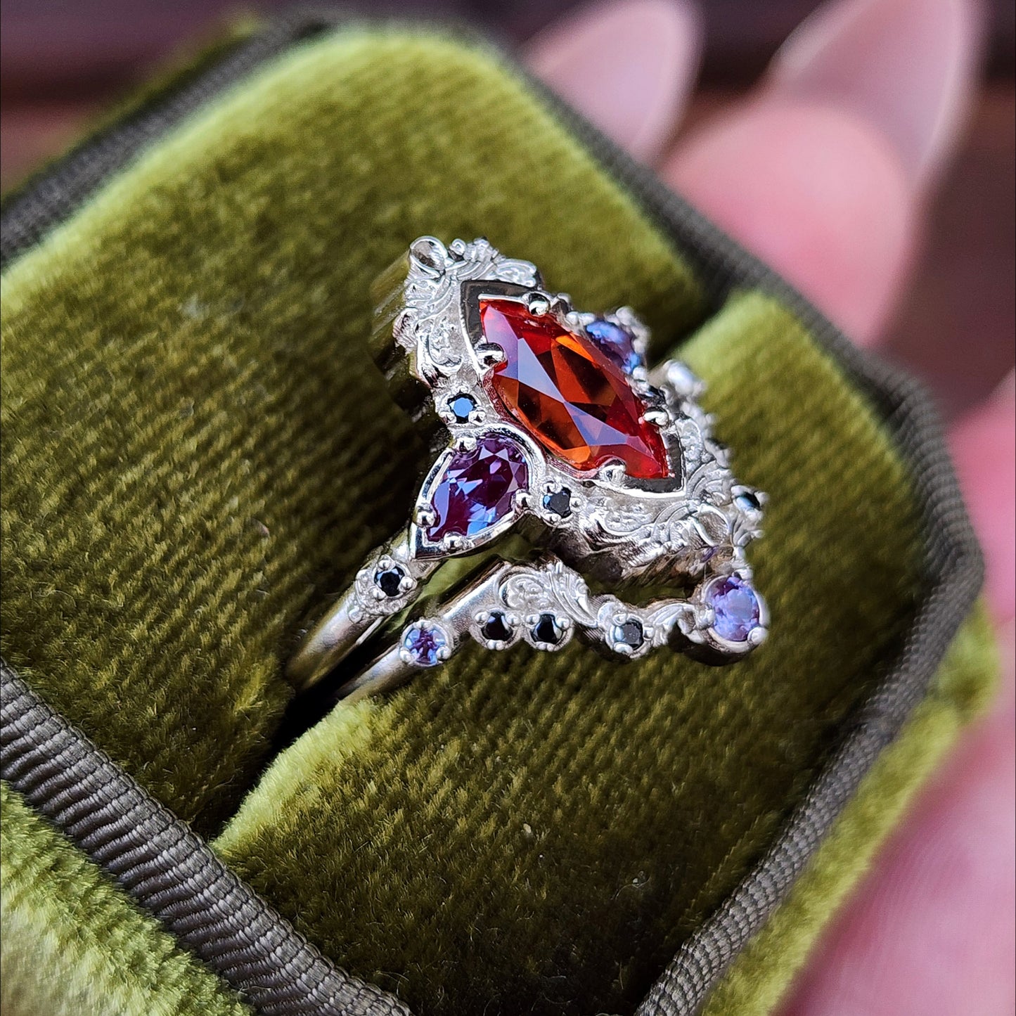 Pumpkin Queen Odile Padparadscha Sapphire Marquise Engagement Ring Set with Antique Details by SwankMetalsmithing image 6