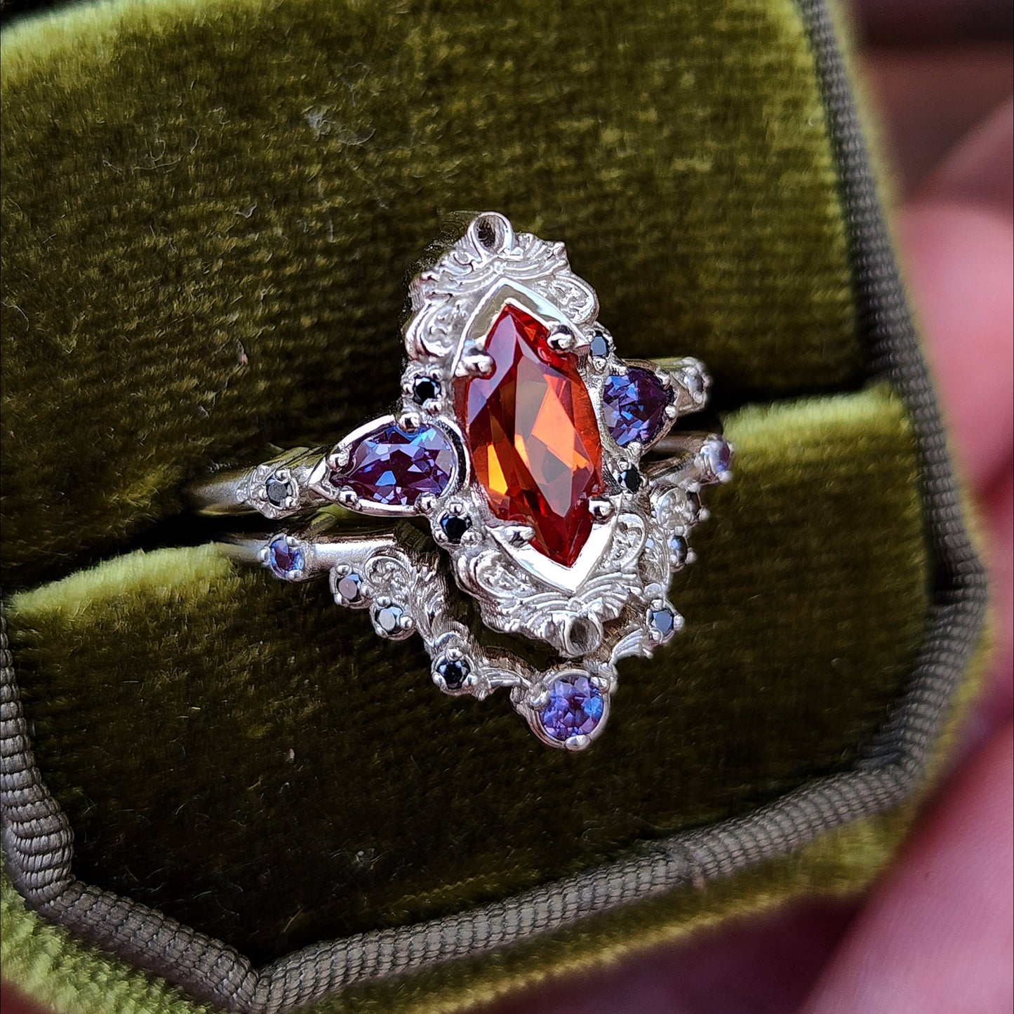Pumpkin Queen Odile Padparadscha Sapphire Marquise Engagement Ring Set with Antique Details by SwankMetalsmithing image 5