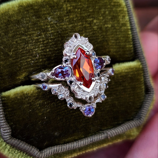 Pumpkin Queen Odile Padparadscha Sapphire Marquise Engagement Ring Set with Antique Details by SwankMetalsmithing image 5