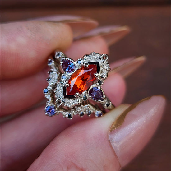 Pumpkin Queen Odile Padparadscha Sapphire Marquise Engagement Ring Set with Antique Details by SwankMetalsmithing image 2