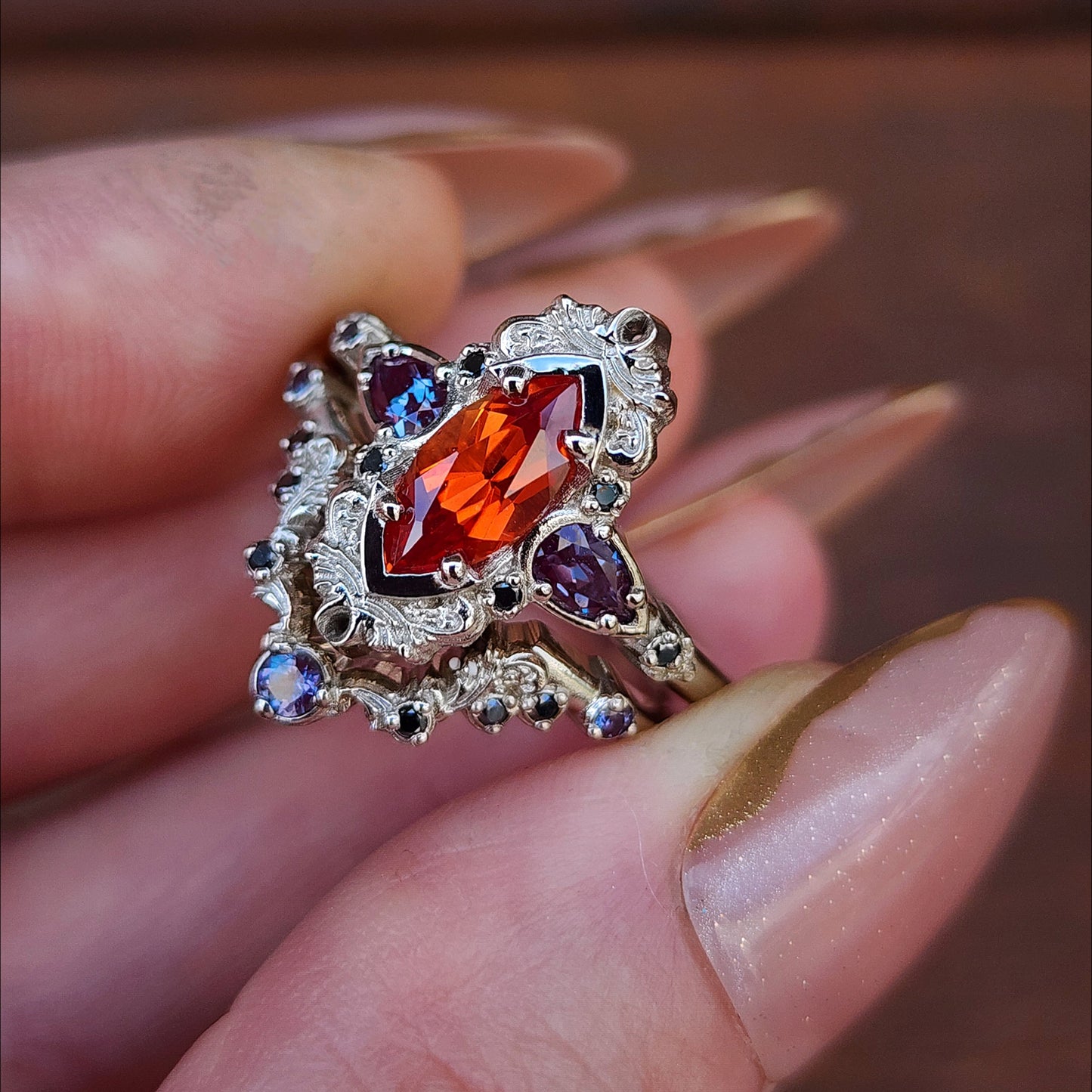 Pumpkin Queen Odile Padparadscha Sapphire Marquise Engagement Ring Set with Antique Details by SwankMetalsmithing image 7
