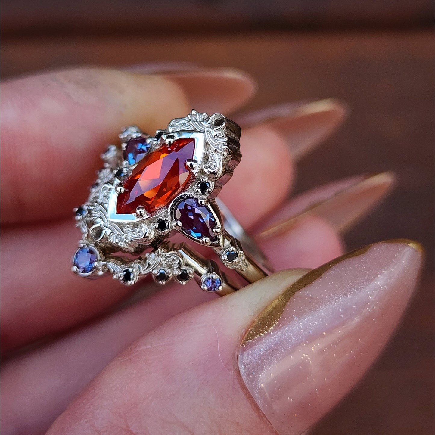 Pumpkin Queen Odile Padparadscha Sapphire Marquise Engagement Ring Set with Antique Details by SwankMetalsmithing image 8