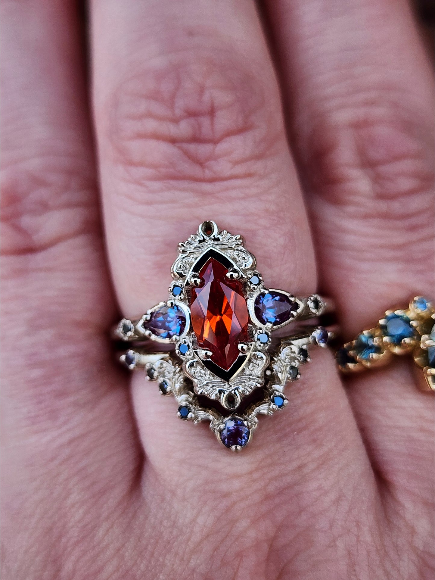 Pumpkin Queen Odile Padparadscha Sapphire Marquise Engagement Ring Set with Antique Details by SwankMetalsmithing image 11