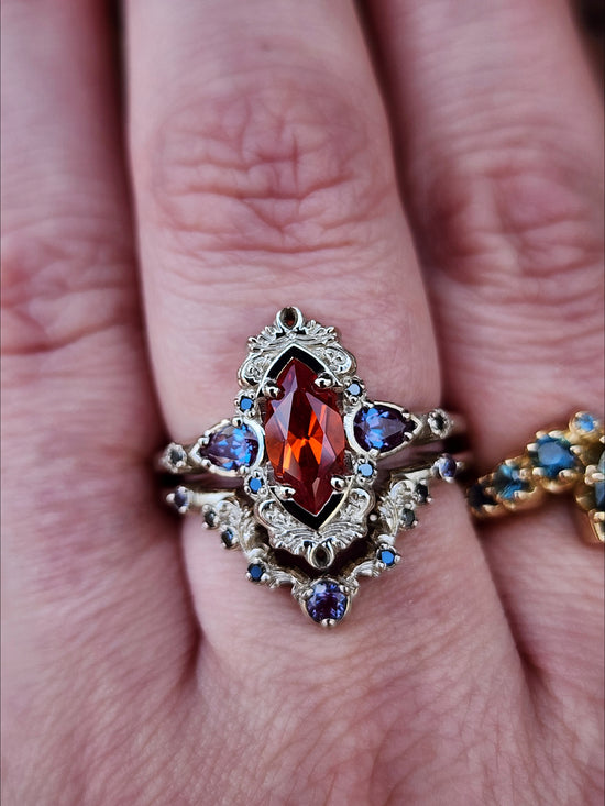 Pumpkin Queen Odile Padparadscha Sapphire Marquise Engagement Ring Set with Antique Details by SwankMetalsmithing image 11