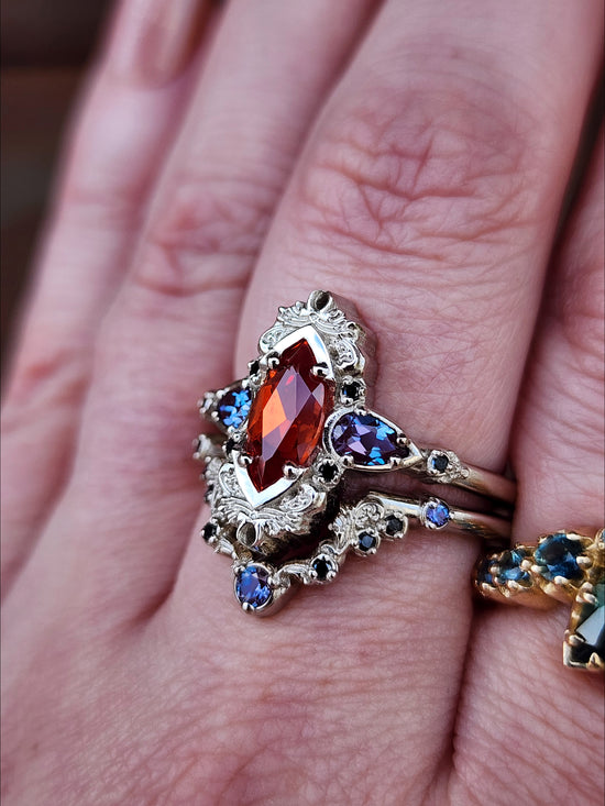 Pumpkin Queen Odile Padparadscha Sapphire Marquise Engagement Ring Set with Antique Details by SwankMetalsmithing image 10