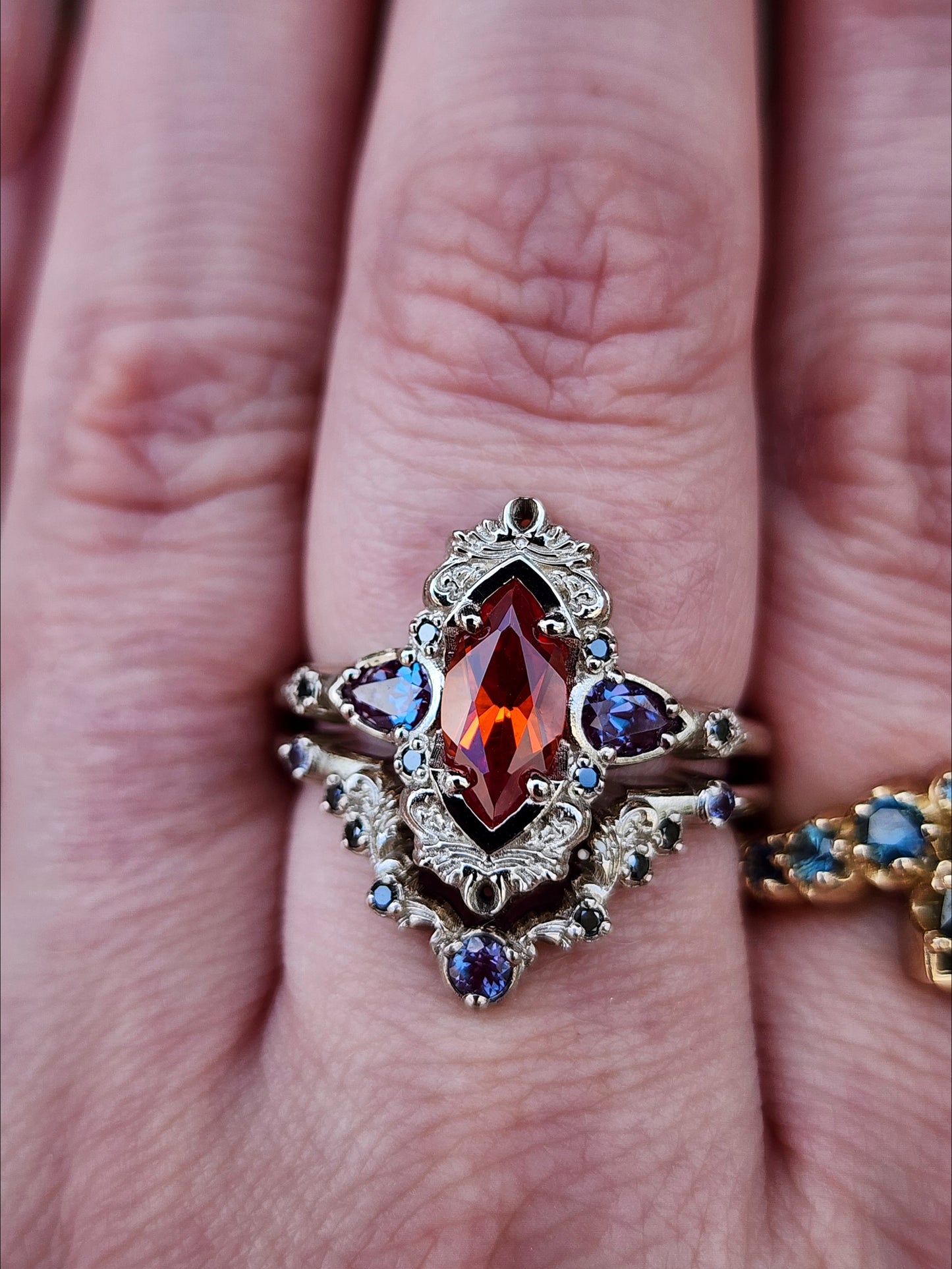 Pumpkin Queen Odile Padparadscha Sapphire Marquise Engagement Ring Set with Antique Details by SwankMetalsmithing image 9