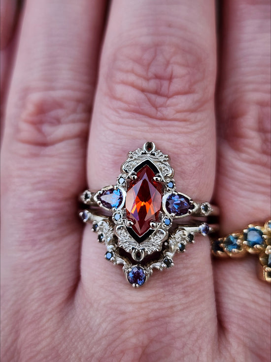 Pumpkin Queen Odile Padparadscha Sapphire Marquise Engagement Ring Set with Antique Details by SwankMetalsmithing image 9