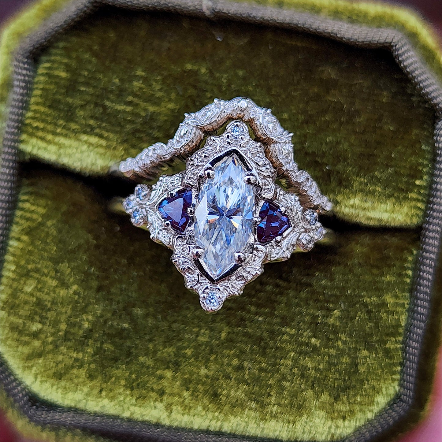 Marquise Moissanite and Alexandrite Delilah Engagement Ring with Wedding Band image 1