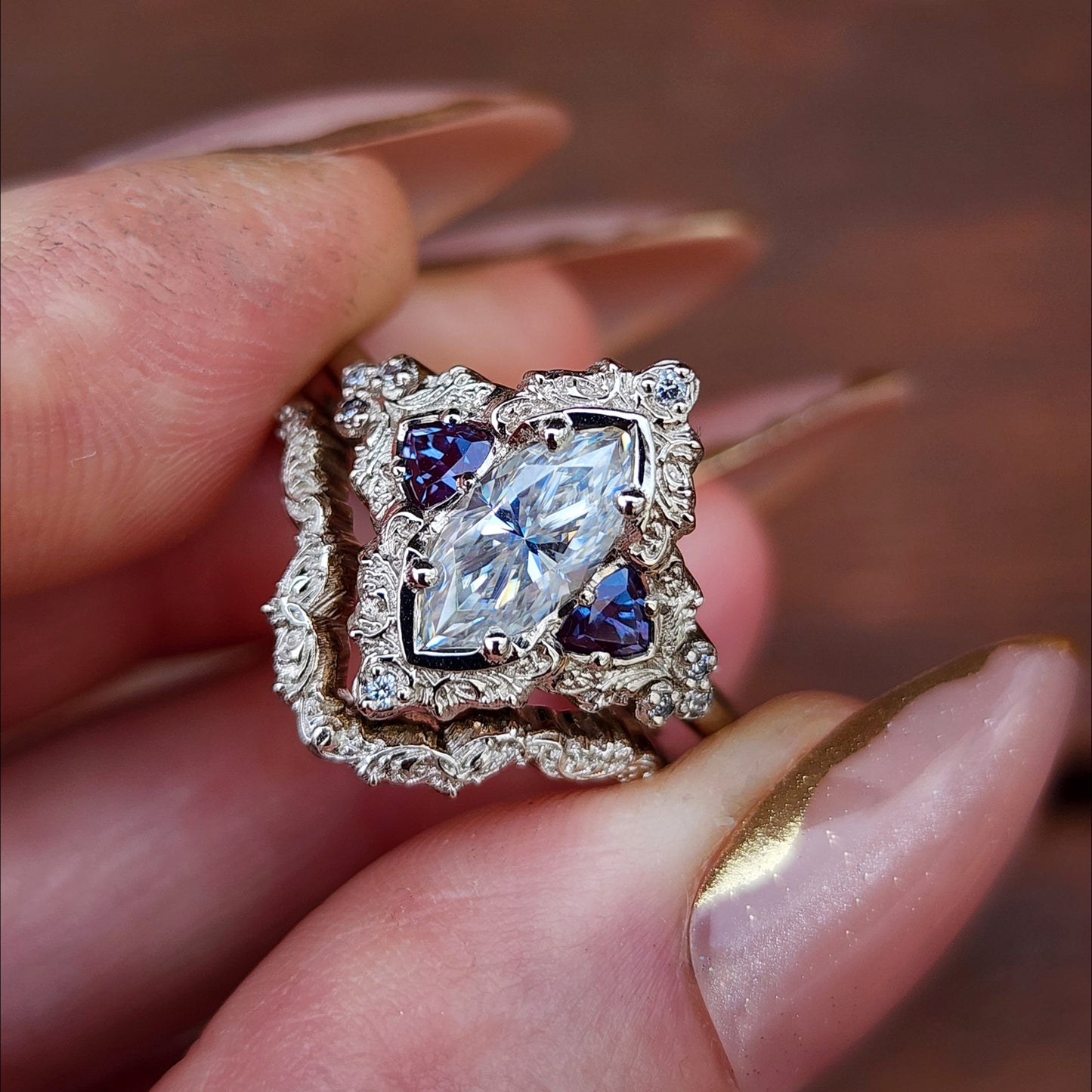 Marquise Moissanite and Alexandrite Delilah Engagement Ring with Wedding Band image 2