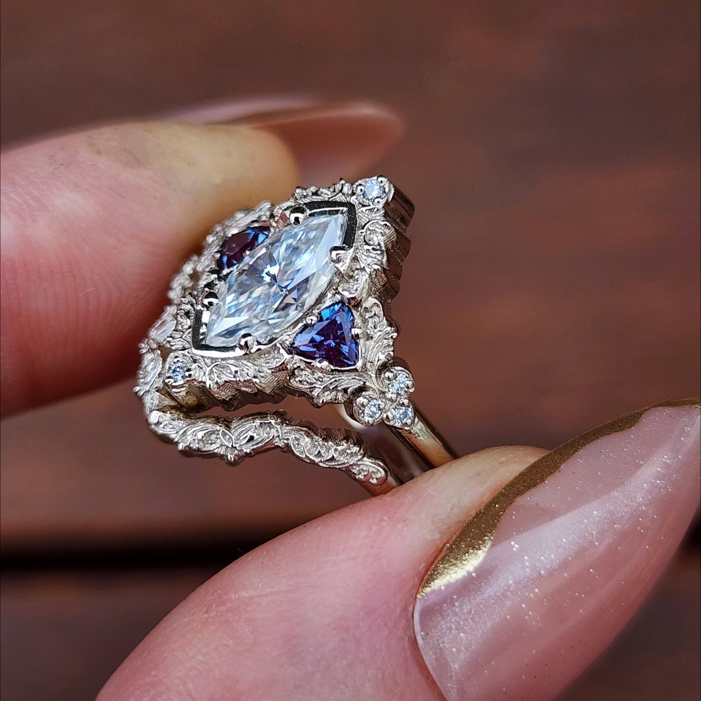 Marquise Moissanite and Alexandrite Delilah Engagement Ring with Wedding Band image  8