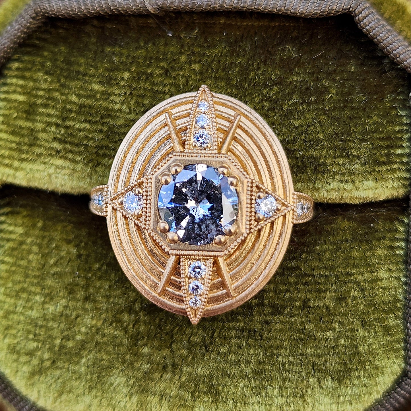 Art Deco Compass Ring with Salt & Pepper Diamond Center and White Diamonds - Sandblasted 14k Yellow Gold image 2